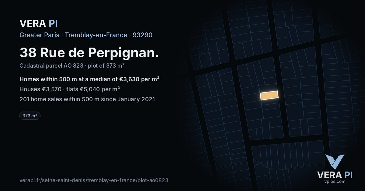 38 Rue de Perpignan, Tremblay-en-France at night – the plot lit, the parcels around coloured by the prices near them
