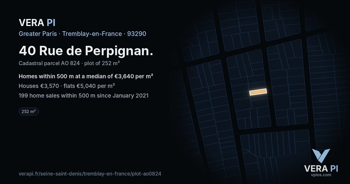 40 Rue de Perpignan, Tremblay-en-France at night – the plot lit, the parcels around coloured by the prices near them