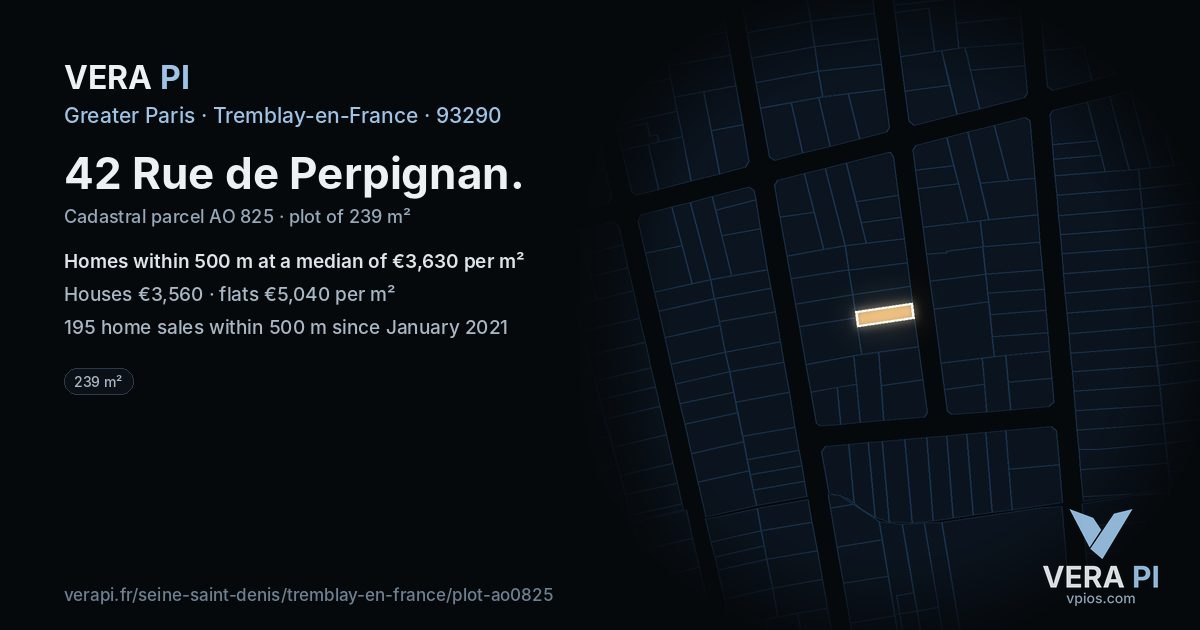 42 Rue de Perpignan, Tremblay-en-France at night – the plot lit, the parcels around coloured by the prices near them