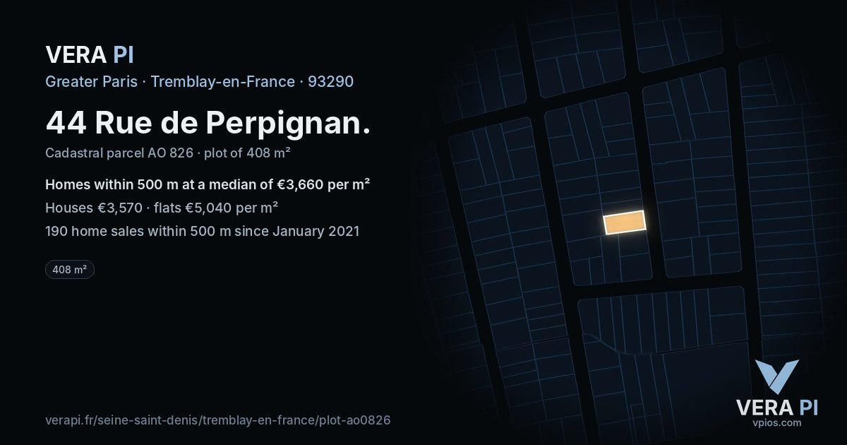 44 Rue de Perpignan, Tremblay-en-France at night – the plot lit, the parcels around coloured by the prices near them