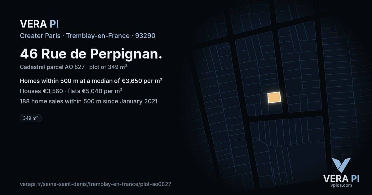 46 Rue de Perpignan, Tremblay-en-France at night – the plot lit, the parcels around coloured by the prices near them