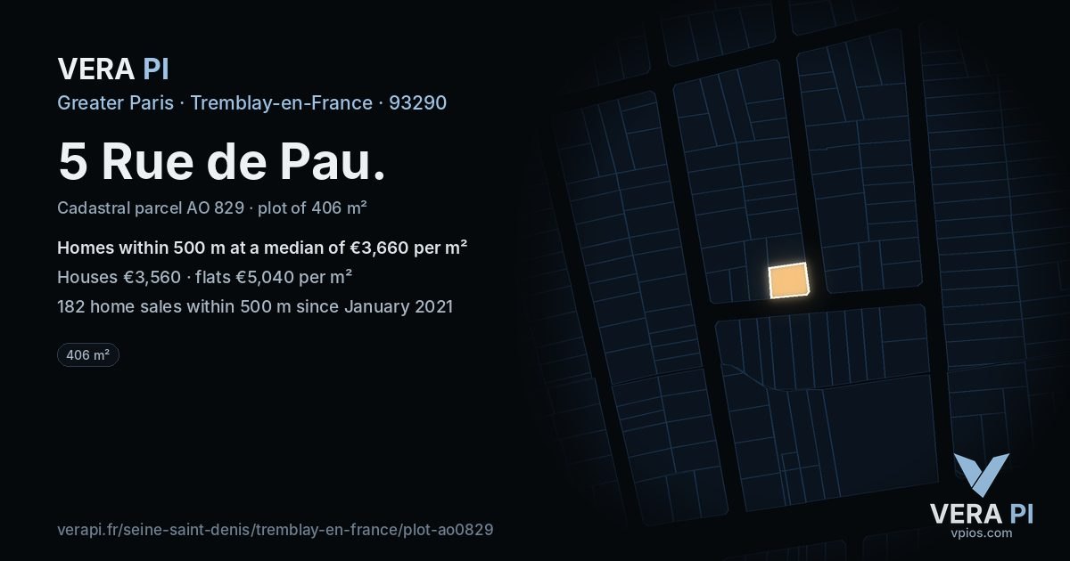 5 Rue de Pau, Tremblay-en-France at night – the plot lit, the parcels around coloured by the prices near them