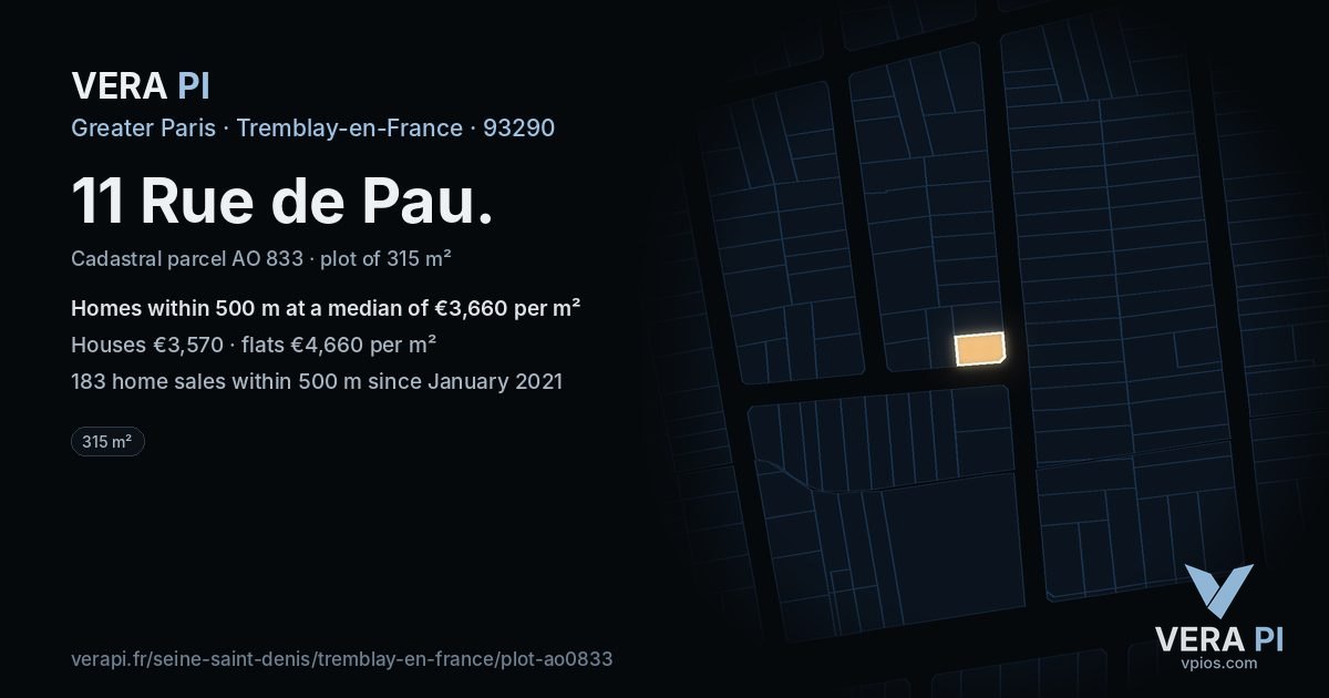 11 Rue de Pau, Tremblay-en-France at night – the plot lit, the parcels around coloured by the prices near them