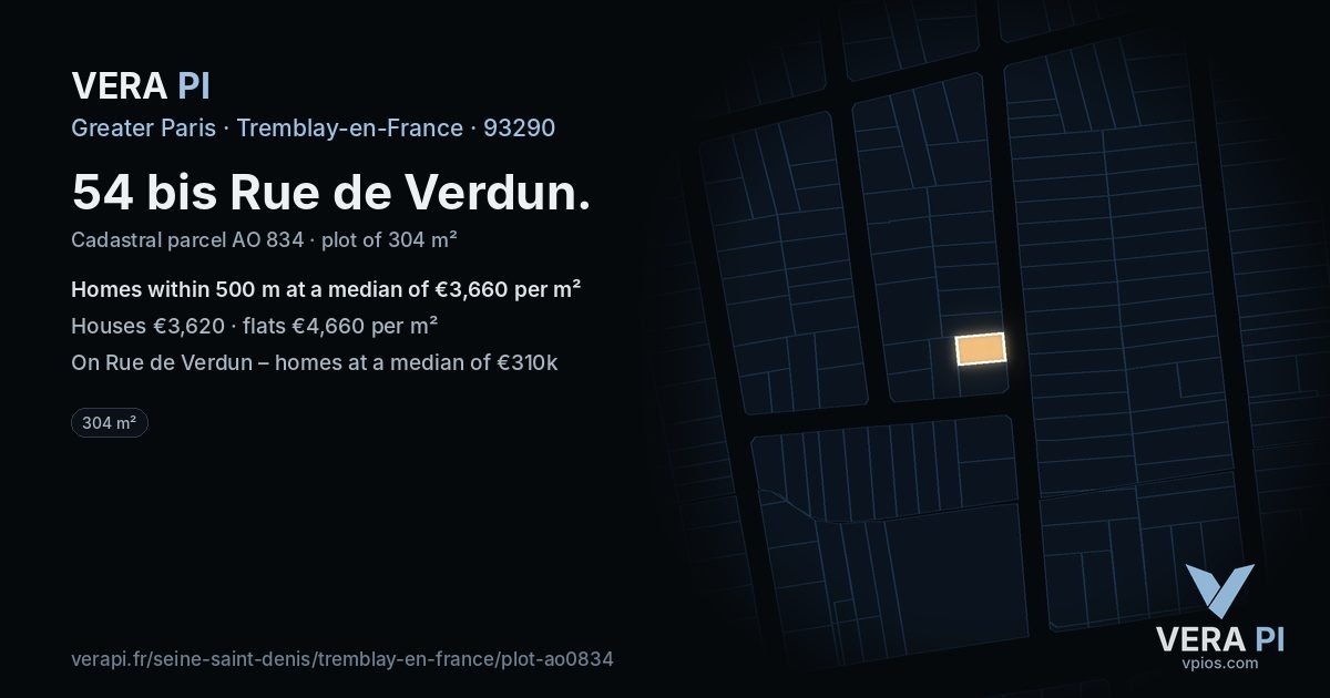 54 bis Rue de Verdun, Tremblay-en-France at night – the plot lit, the parcels around coloured by the prices near them