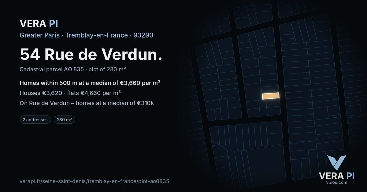 54 Rue de Verdun, Tremblay-en-France at night – the plot lit, the parcels around coloured by the prices near them