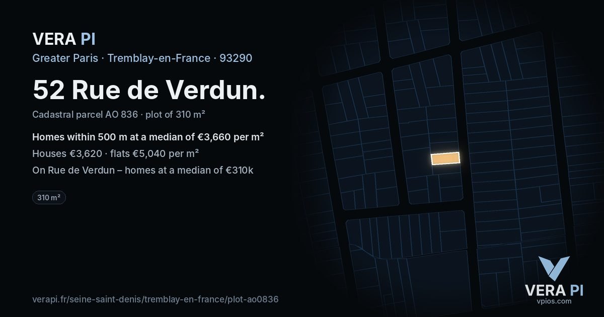 52 Rue de Verdun, Tremblay-en-France at night – the plot lit, the parcels around coloured by the prices near them