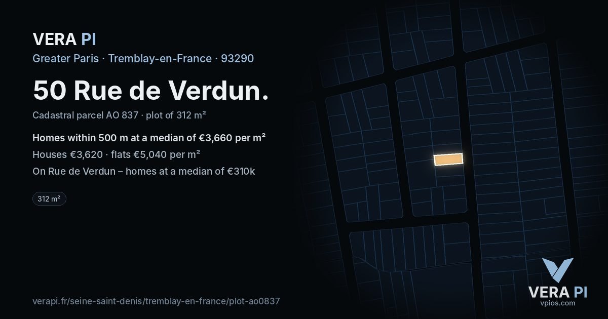 50 Rue de Verdun, Tremblay-en-France at night – the plot lit, the parcels around coloured by the prices near them