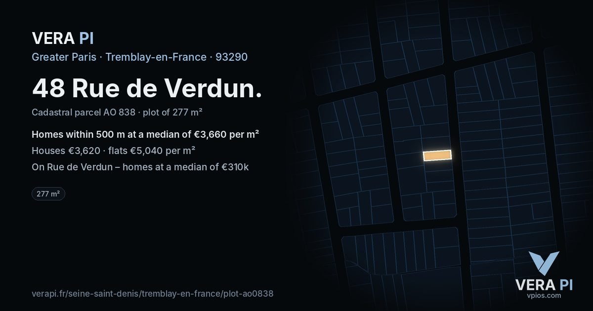 48 Rue de Verdun, Tremblay-en-France at night – the plot lit, the parcels around coloured by the prices near them