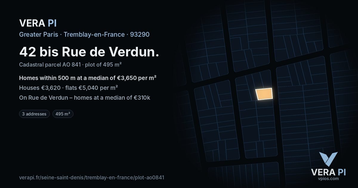 42 bis Rue de Verdun, Tremblay-en-France at night – the plot lit, the parcels around coloured by the prices near them