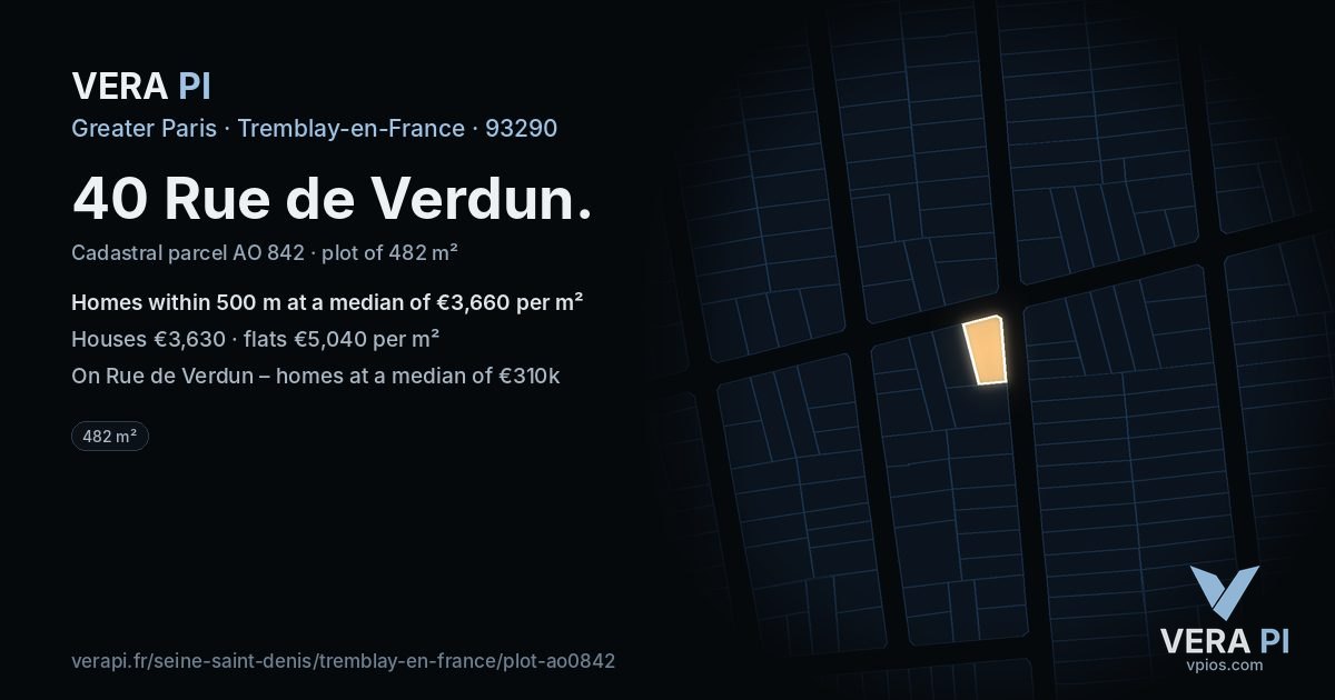 40 Rue de Verdun, Tremblay-en-France at night – the plot lit, the parcels around coloured by the prices near them