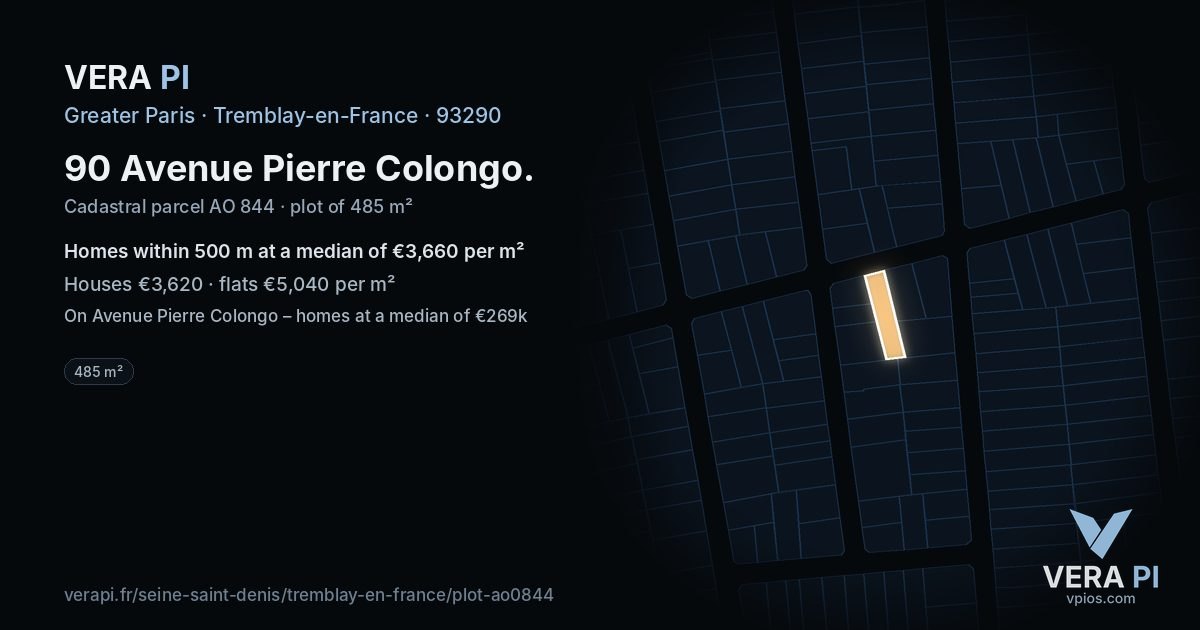 90 Avenue Pierre Colongo, Tremblay-en-France at night – the plot lit, the parcels around coloured by the prices near them