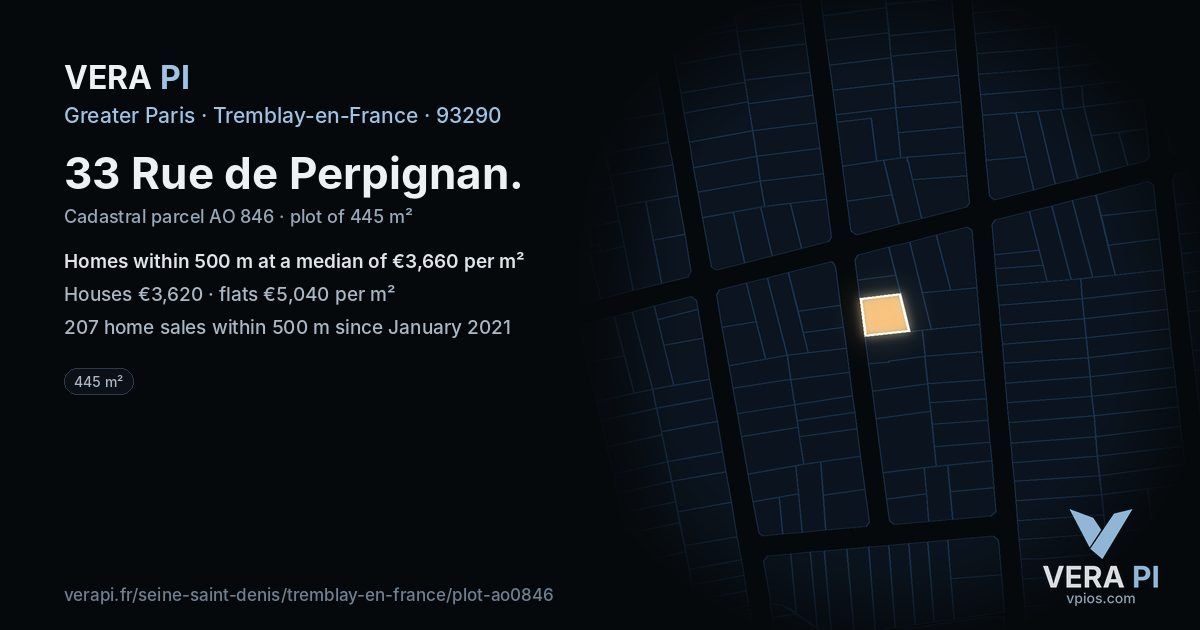 33 Rue de Perpignan, Tremblay-en-France at night – the plot lit, the parcels around coloured by the prices near them