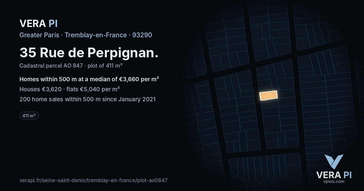 35 Rue de Perpignan, Tremblay-en-France at night – the plot lit, the parcels around coloured by the prices near them