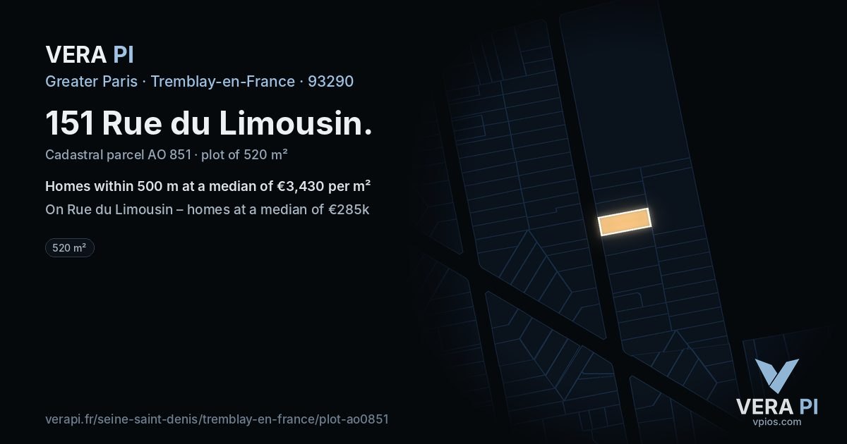 151 Rue du Limousin, Tremblay-en-France at night – the plot lit, the parcels around coloured by the prices near them