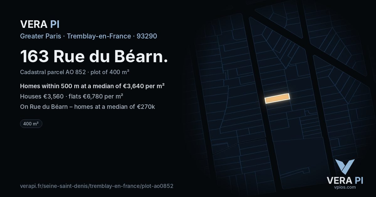 163 Rue du Béarn, Tremblay-en-France at night – the plot lit, the parcels around coloured by the prices near them