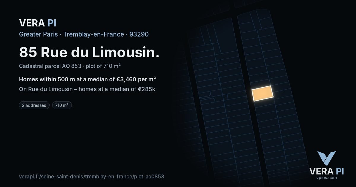 85 Rue du Limousin, Tremblay-en-France at night – the plot lit, the parcels around coloured by the prices near them