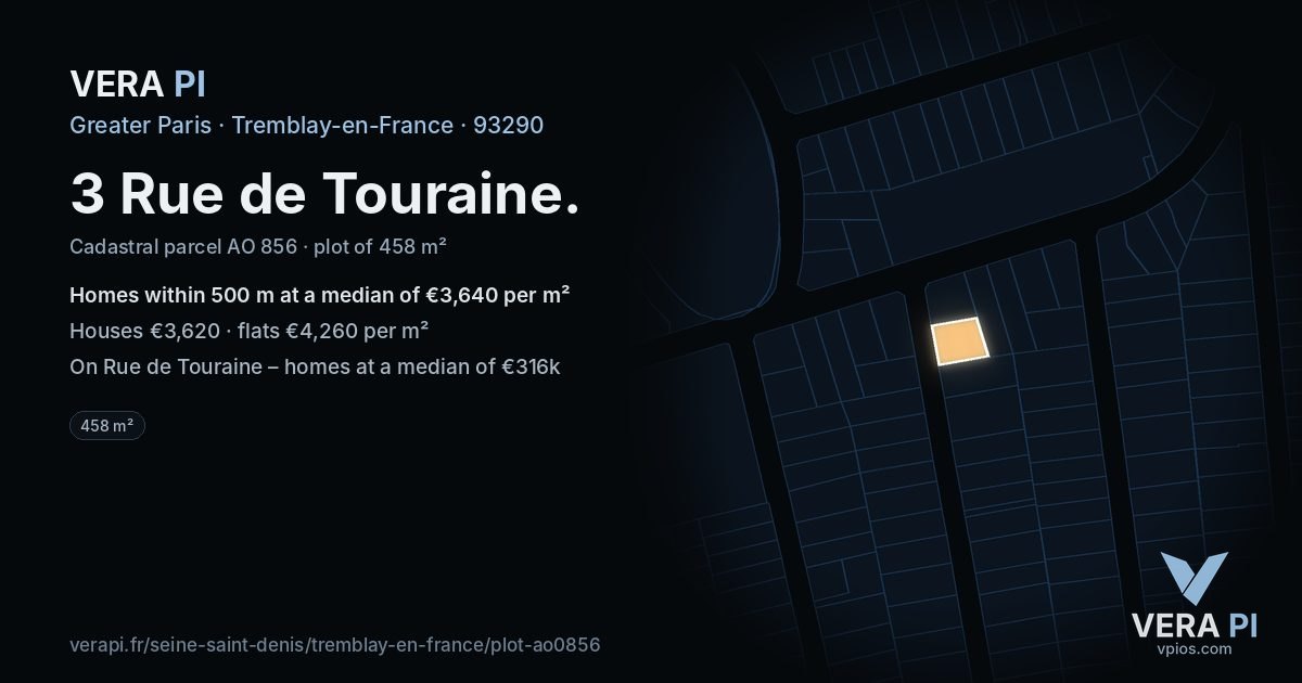 3 Rue de Touraine, Tremblay-en-France at night – the plot lit, the parcels around coloured by the prices near them