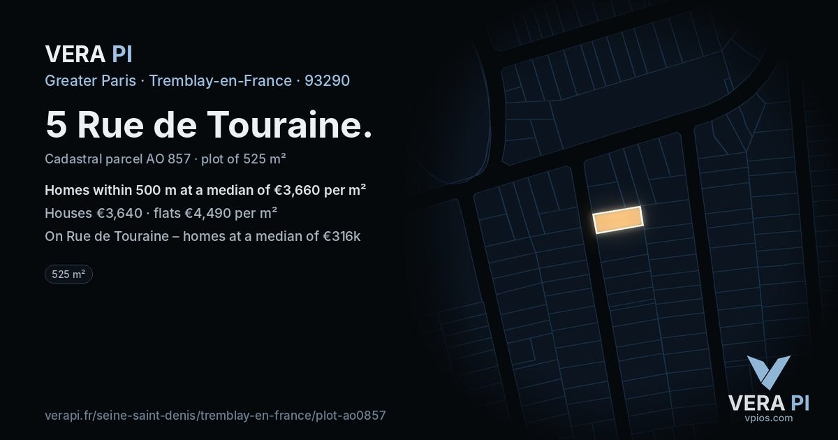 5 Rue de Touraine, Tremblay-en-France at night – the plot lit, the parcels around coloured by the prices near them