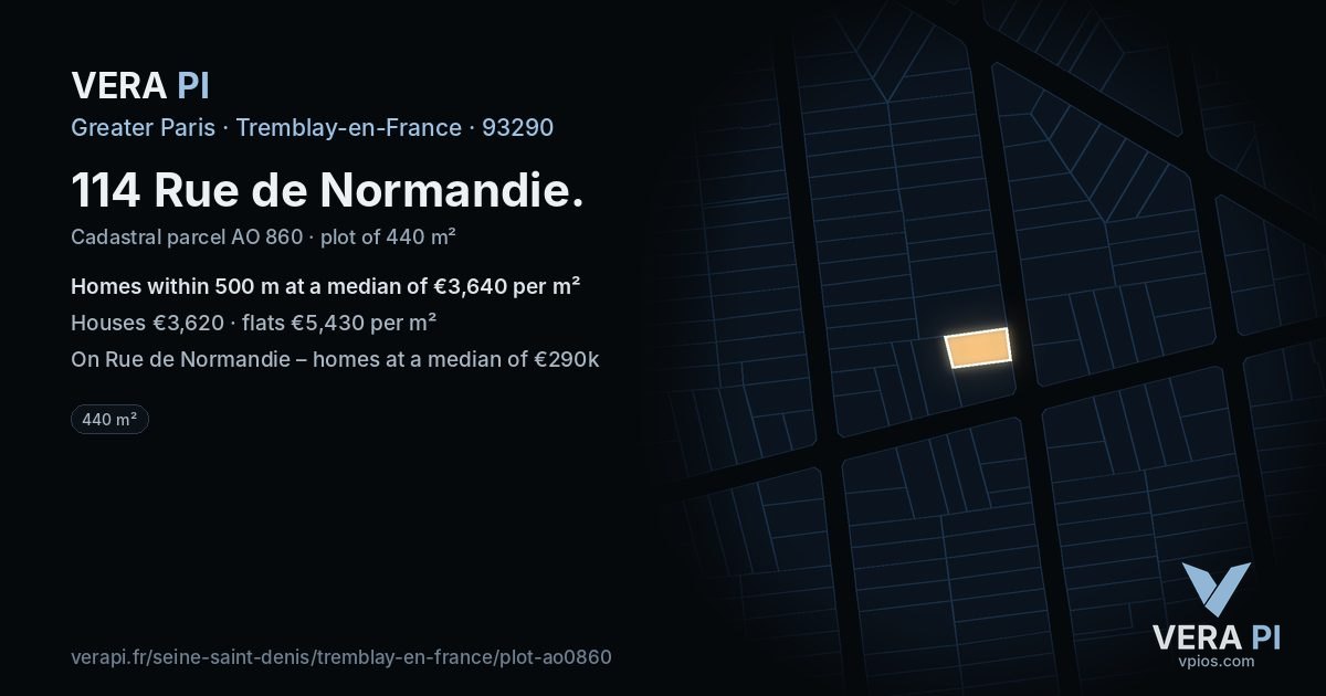 114 Rue de Normandie, Tremblay-en-France at night – the plot lit, the parcels around coloured by the prices near them