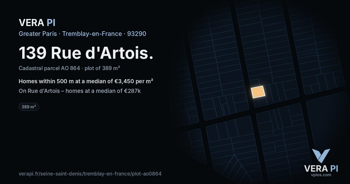 139 Rue d'Artois, Tremblay-en-France at night – the plot lit, the parcels around coloured by the prices near them