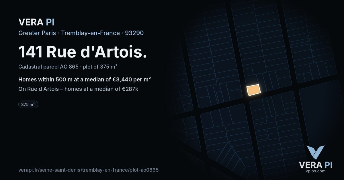 141 Rue d'Artois, Tremblay-en-France at night – the plot lit, the parcels around coloured by the prices near them