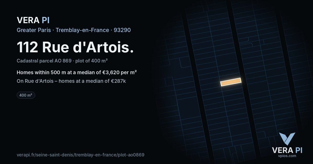 112 Rue d'Artois, Tremblay-en-France at night – the plot lit, the parcels around coloured by the prices near them