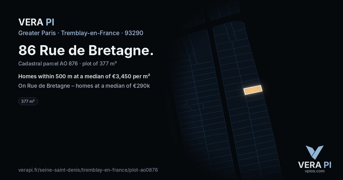 86 Rue de Bretagne, Tremblay-en-France at night – the plot lit, the parcels around coloured by the prices near them