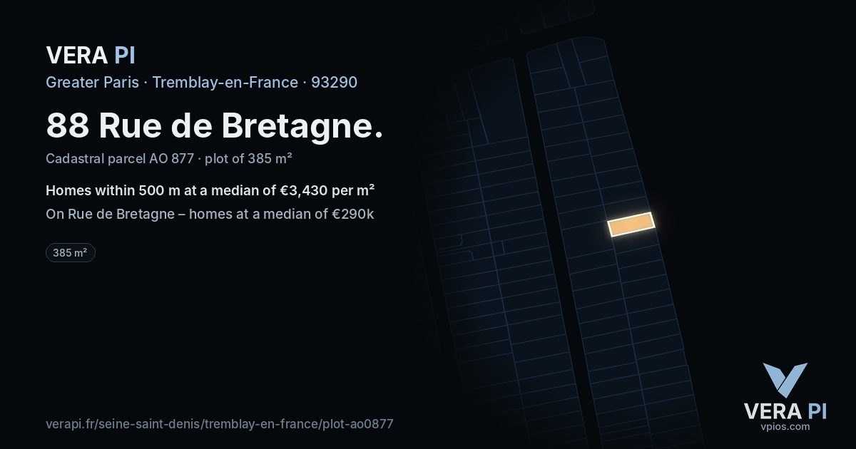 88 Rue de Bretagne, Tremblay-en-France at night – the plot lit, the parcels around coloured by the prices near them