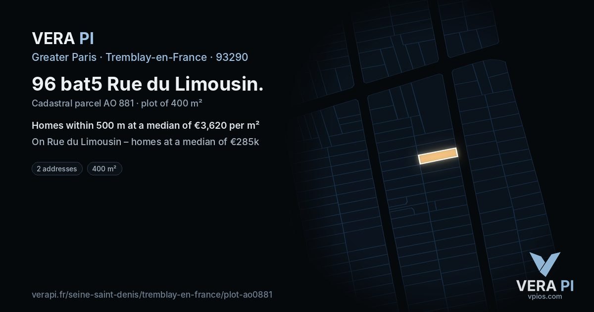 96 bat5 Rue du Limousin, Tremblay-en-France at night – the plot lit, the parcels around coloured by the prices near them