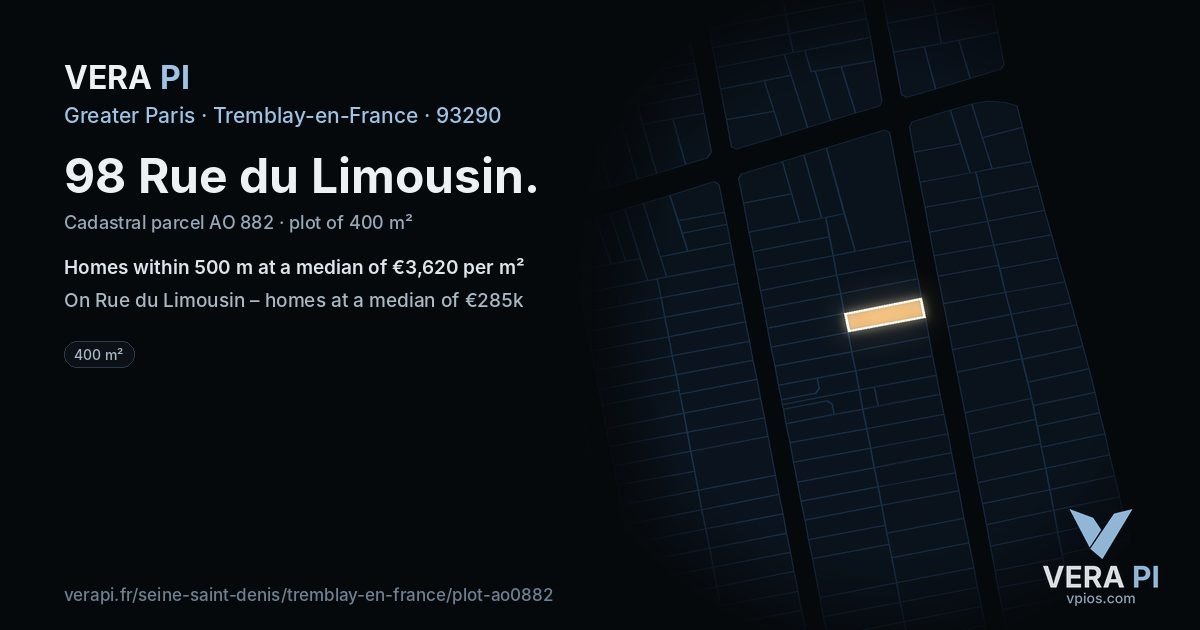 98 Rue du Limousin, Tremblay-en-France at night – the plot lit, the parcels around coloured by the prices near them