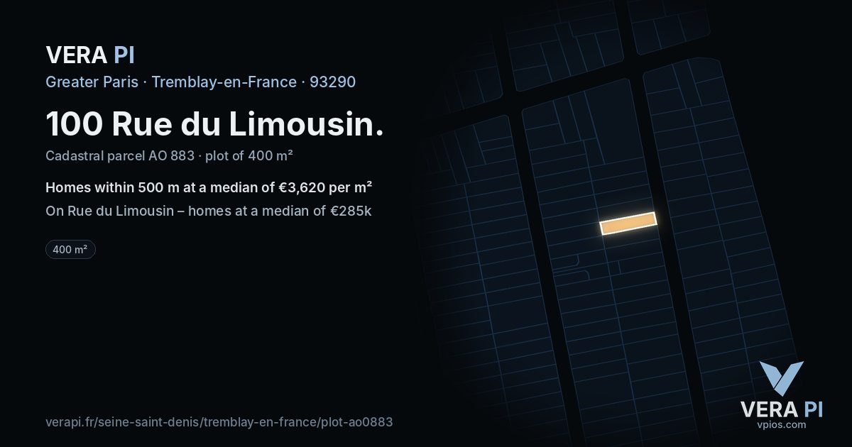 100 Rue du Limousin, Tremblay-en-France at night – the plot lit, the parcels around coloured by the prices near them