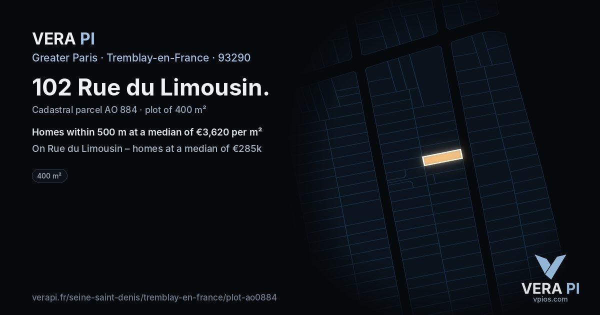 102 Rue du Limousin, Tremblay-en-France at night – the plot lit, the parcels around coloured by the prices near them