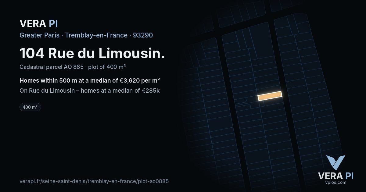 104 Rue du Limousin, Tremblay-en-France at night – the plot lit, the parcels around coloured by the prices near them