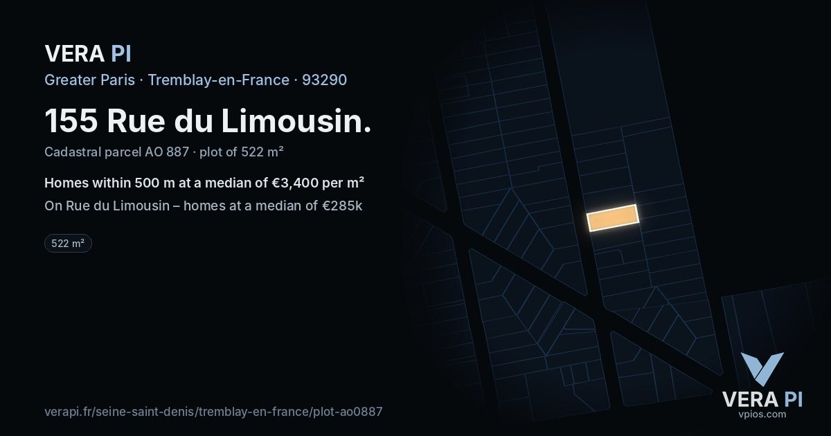155 Rue du Limousin, Tremblay-en-France at night – the plot lit, the parcels around coloured by the prices near them