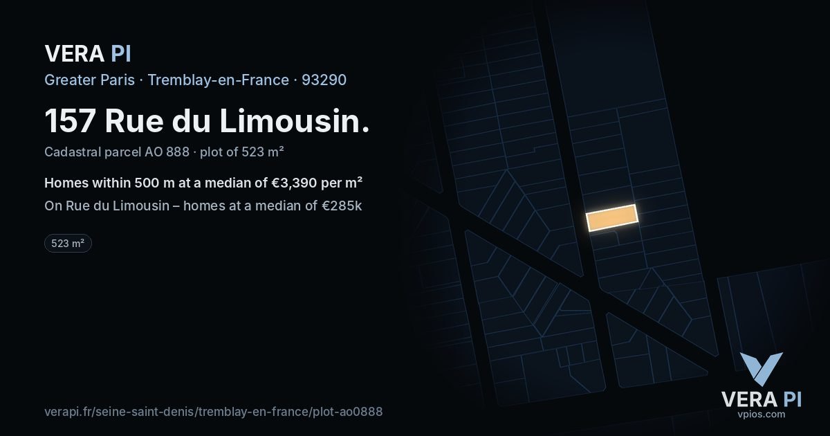 157 Rue du Limousin, Tremblay-en-France at night – the plot lit, the parcels around coloured by the prices near them