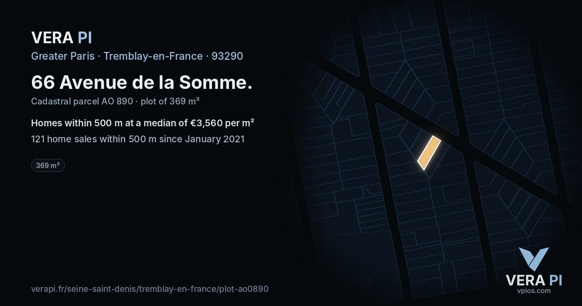 66 Avenue de la Somme, Tremblay-en-France at night – the plot lit, the parcels around coloured by the prices near them
