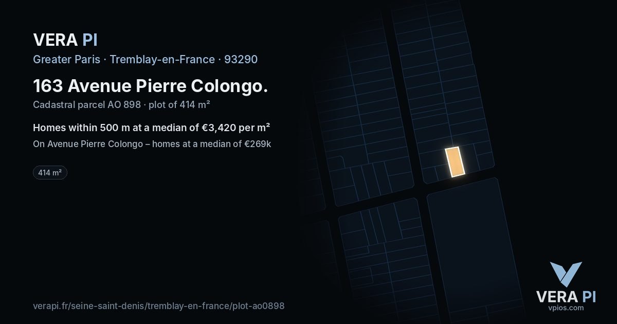 163 Avenue Pierre Colongo, Tremblay-en-France at night – the plot lit, the parcels around coloured by the prices near them