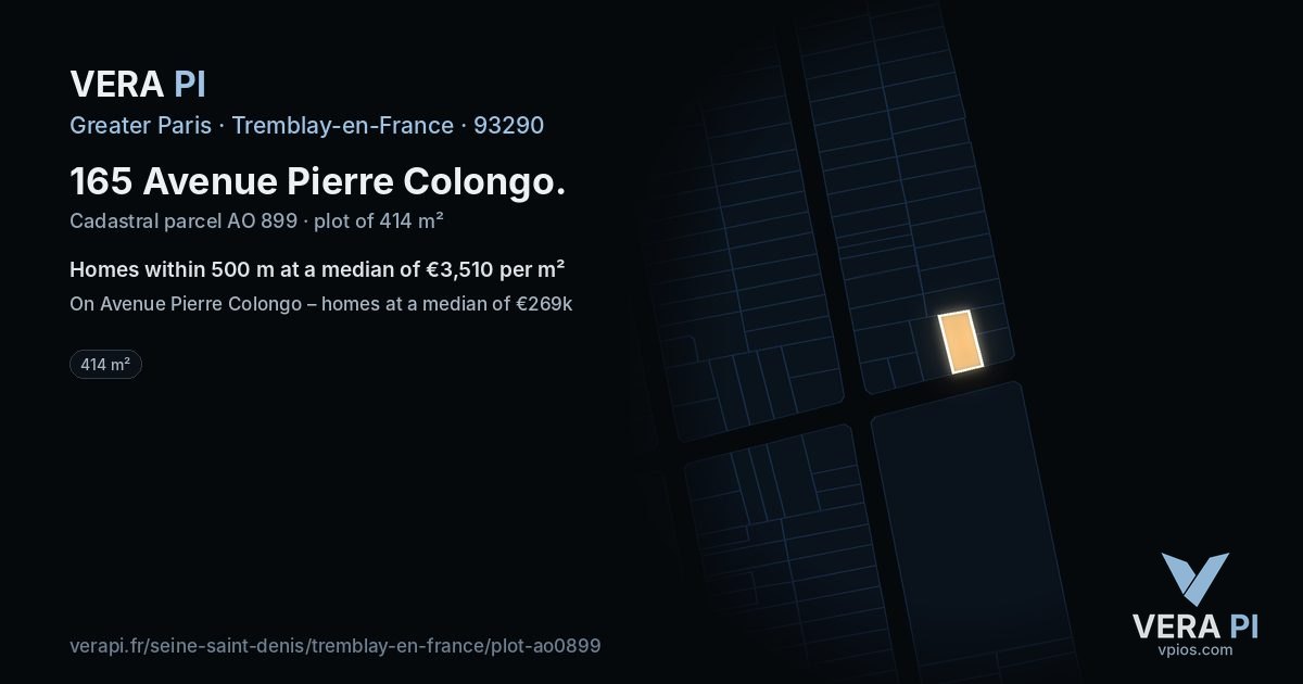 165 Avenue Pierre Colongo, Tremblay-en-France at night – the plot lit, the parcels around coloured by the prices near them