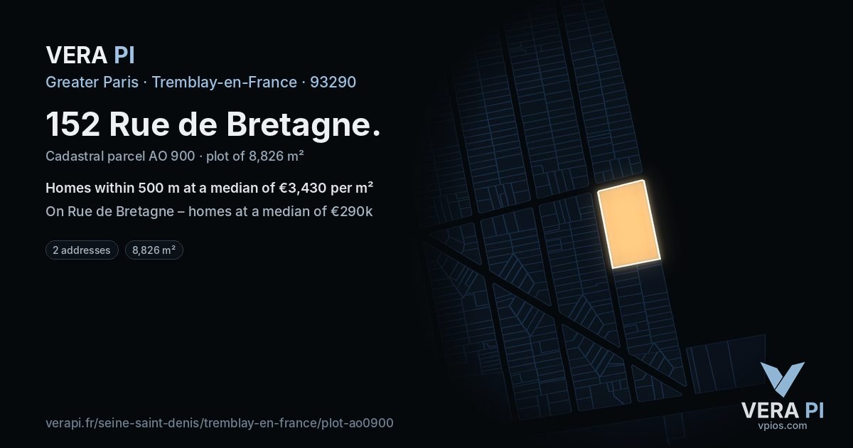 152 Rue de Bretagne, Tremblay-en-France at night – the plot lit, the parcels around coloured by the prices near them