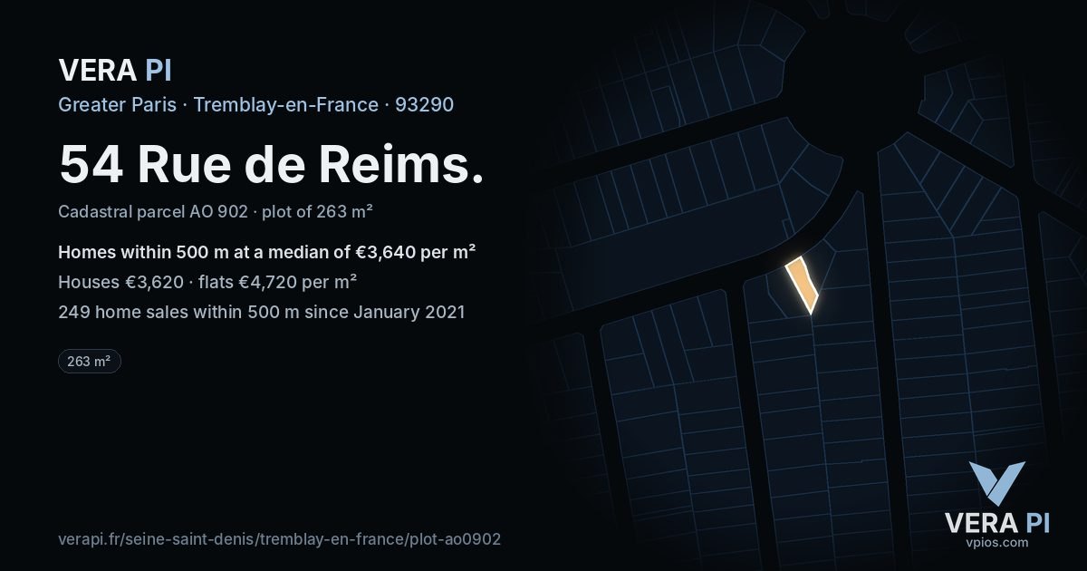 54 Rue de Reims, Tremblay-en-France at night – the plot lit, the parcels around coloured by the prices near them