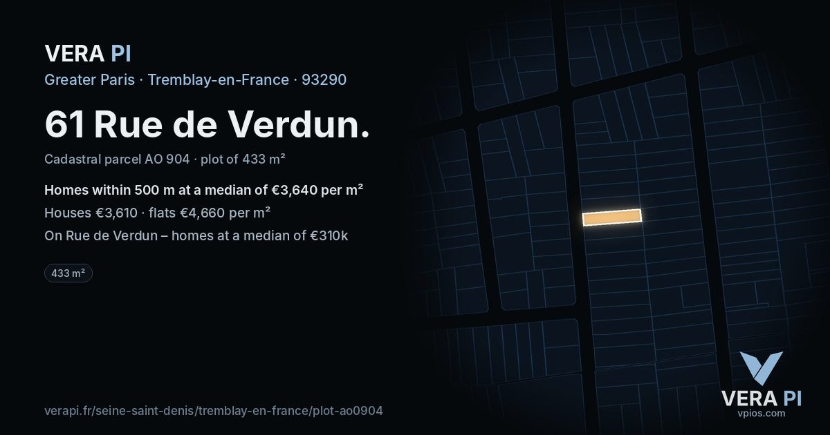61 Rue de Verdun, Tremblay-en-France at night – the plot lit, the parcels around coloured by the prices near them