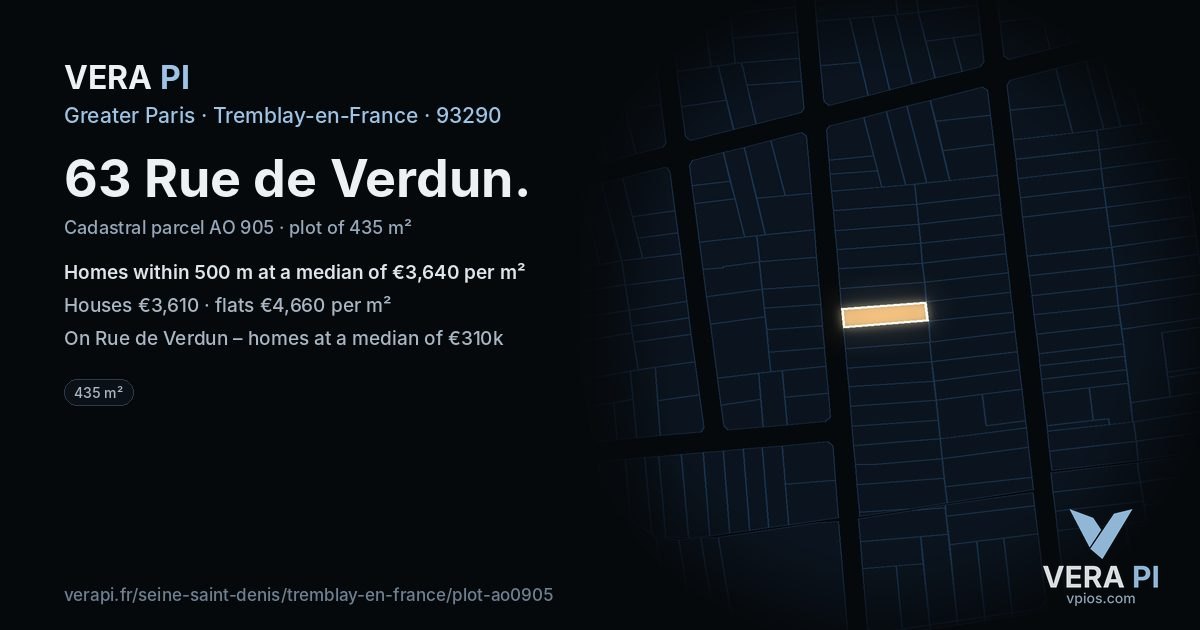 63 Rue de Verdun, Tremblay-en-France at night – the plot lit, the parcels around coloured by the prices near them