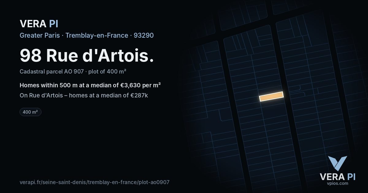 98 Rue d'Artois, Tremblay-en-France at night – the plot lit, the parcels around coloured by the prices near them