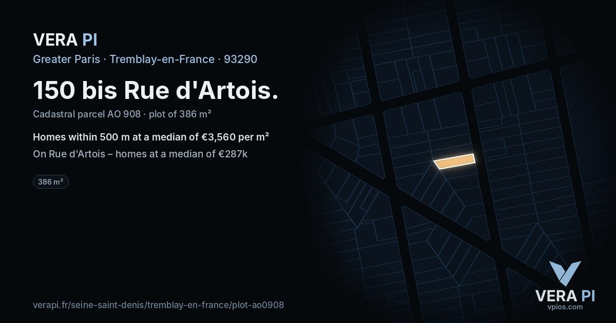 150 bis Rue d'Artois, Tremblay-en-France at night – the plot lit, the parcels around coloured by the prices near them