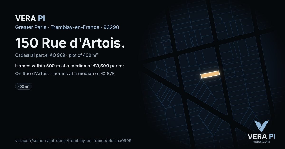 150 Rue d'Artois, Tremblay-en-France at night – the plot lit, the parcels around coloured by the prices near them