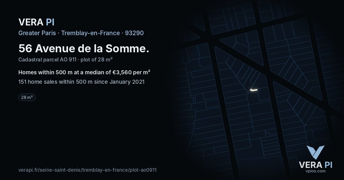 56 Avenue de la Somme, Tremblay-en-France at night – the plot lit, the parcels around coloured by the prices near them