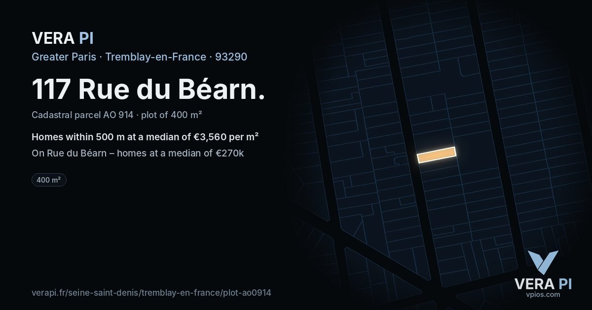 117 Rue du Béarn, Tremblay-en-France at night – the plot lit, the parcels around coloured by the prices near them