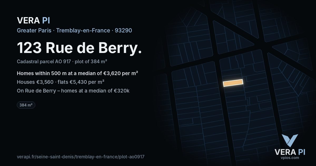 123 Rue de Berry, Tremblay-en-France at night – the plot lit, the parcels around coloured by the prices near them