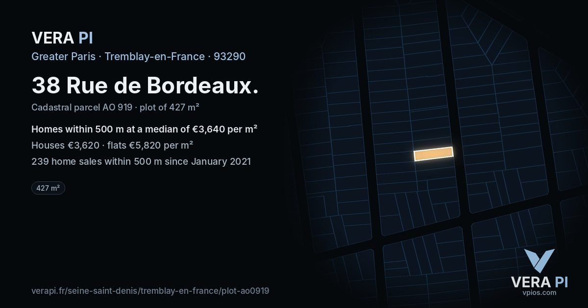 38 Rue de Bordeaux, Tremblay-en-France at night – the plot lit, the parcels around coloured by the prices near them