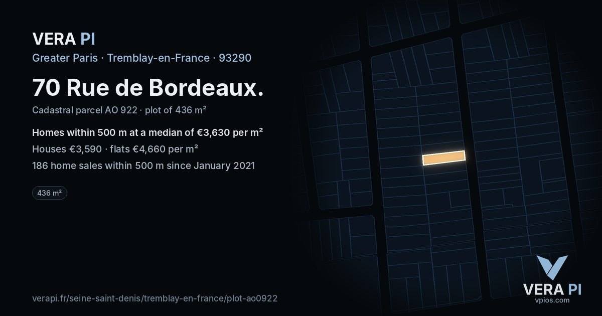 70 Rue de Bordeaux, Tremblay-en-France at night – the plot lit, the parcels around coloured by the prices near them